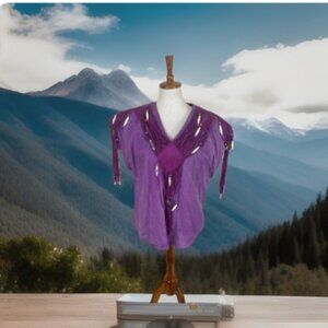 Vtg Liz E. Parker Custom Made Purple Cotton/Suede Top With Fringe/Beads Western